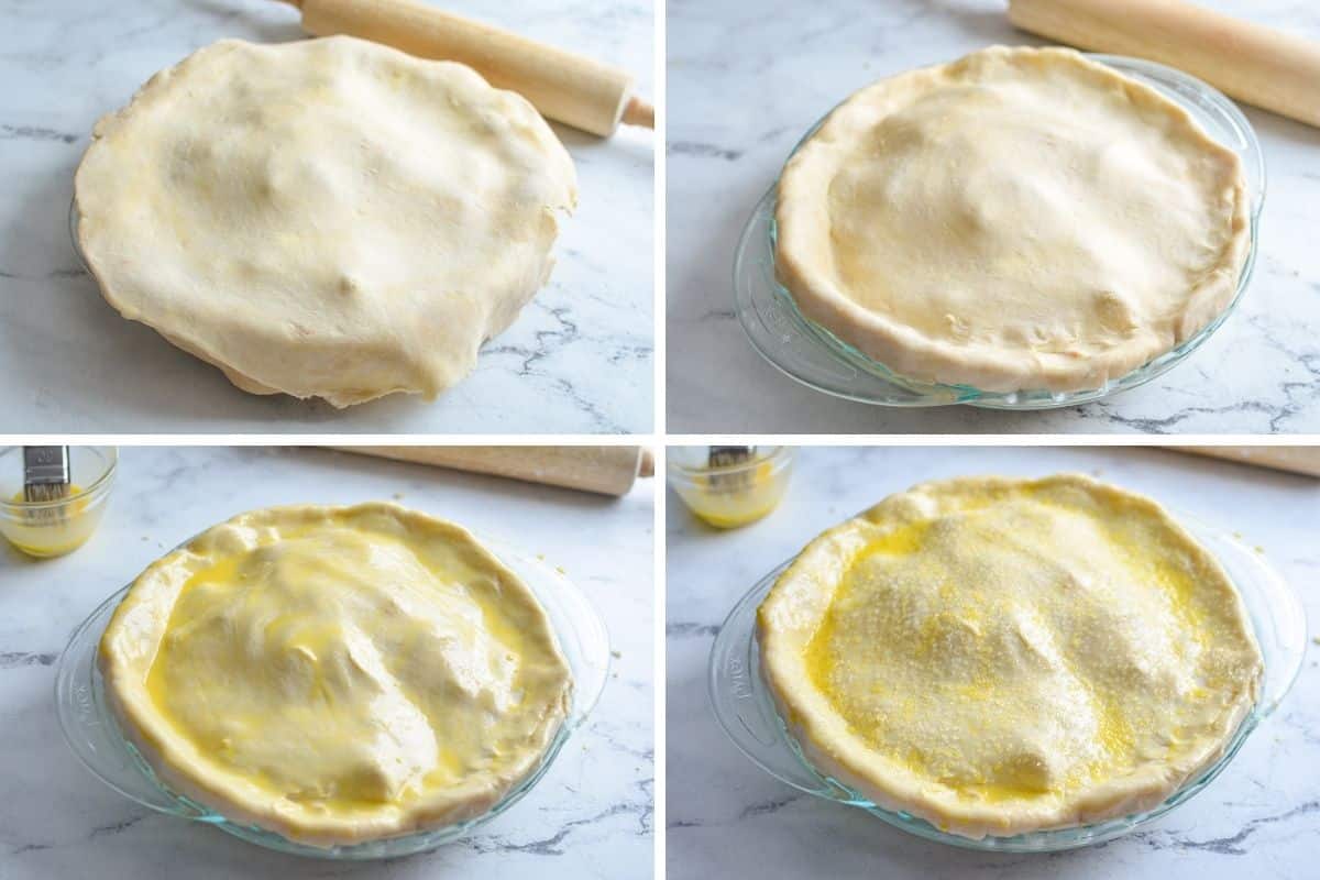 Adding a top crust to a pie, and brushing it with egg wash.