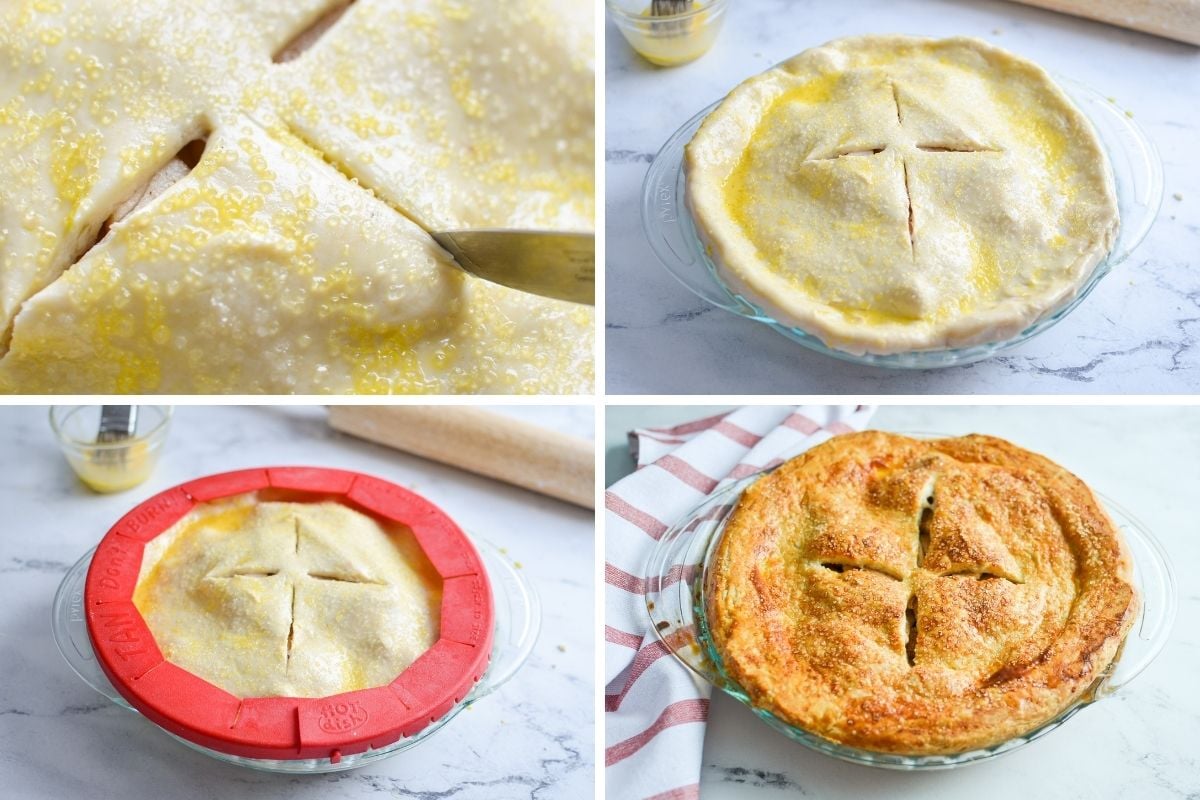 Slicing the top of a pie crust, fitting it with a shield, and baking until golden.