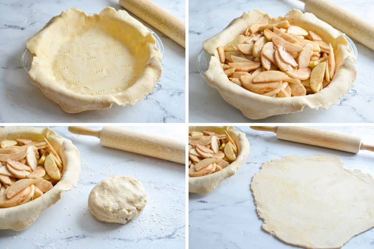 Rolling out a pie shell, filling it with an apple pie filling, and then rolling out the top crust.