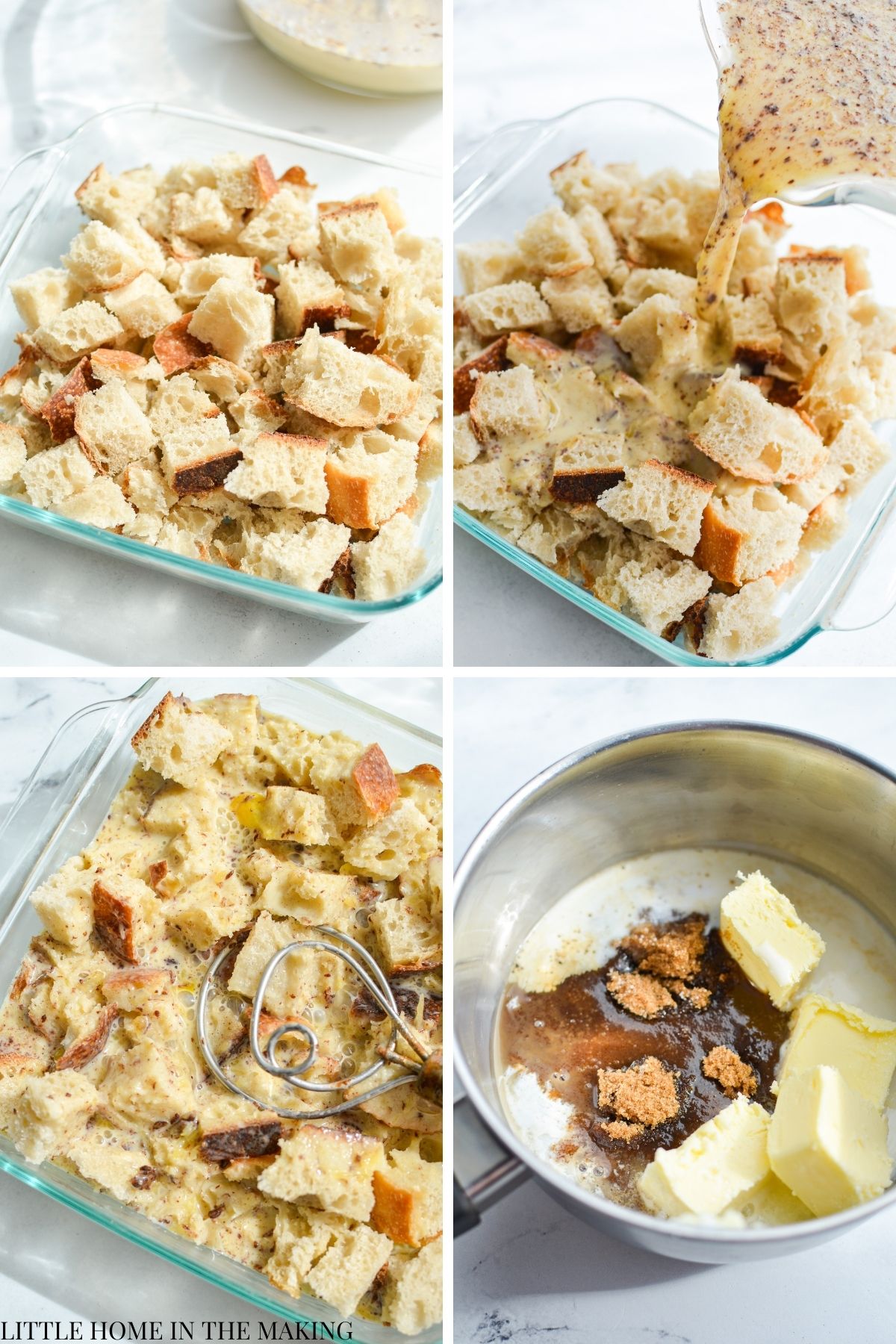 Adding bread cubes to a baking dish, and pouring a custard over it.