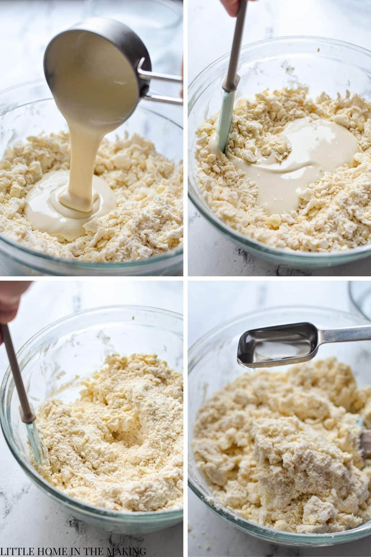 Adding sourdough discard and ice water into flour with butter and lard cut in.