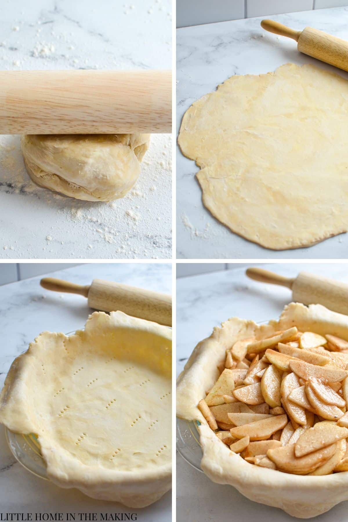 Rolling out a sourdough pie crust, and filing it with an apple pie filling.