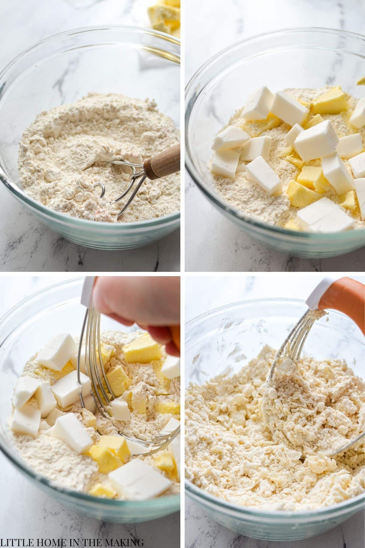 Mixing together dry ingredients, then adding cold cubes of butter and lard and cutting them in with a pastry blender.