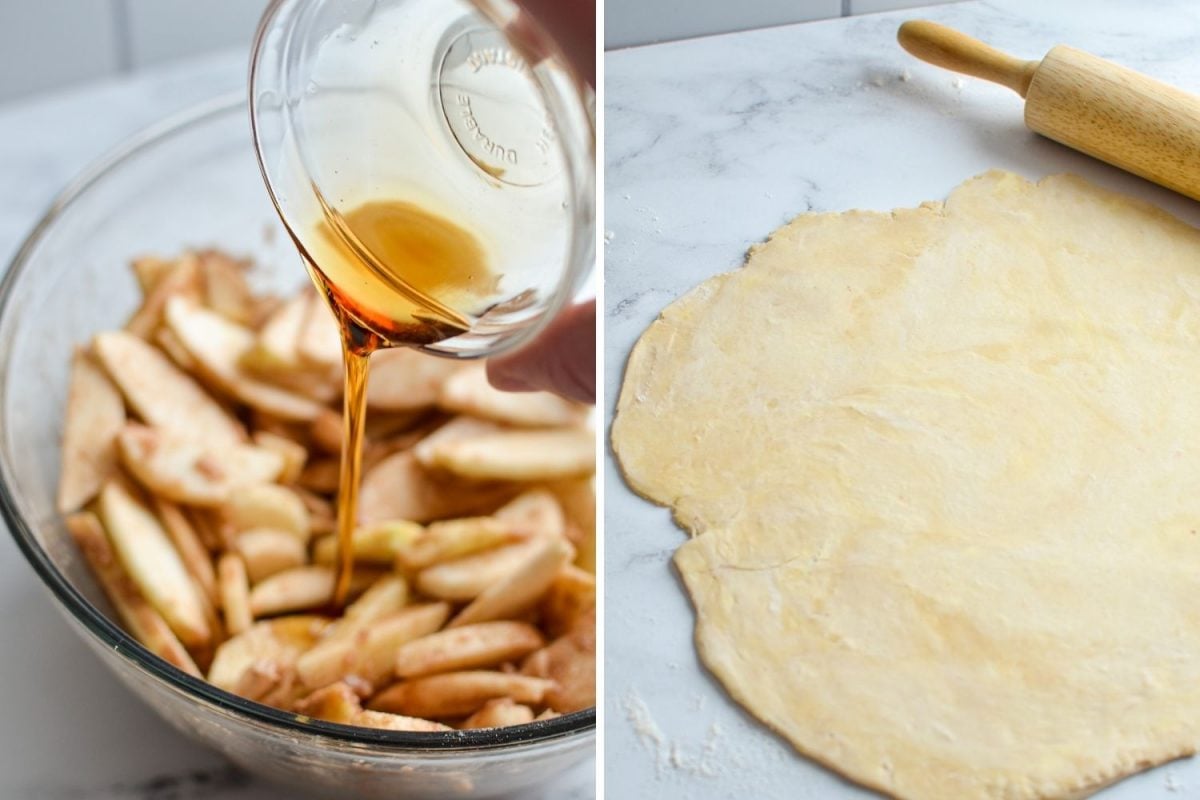 Adding maple syrup to sliced apples, and then rolling out some pie dough.