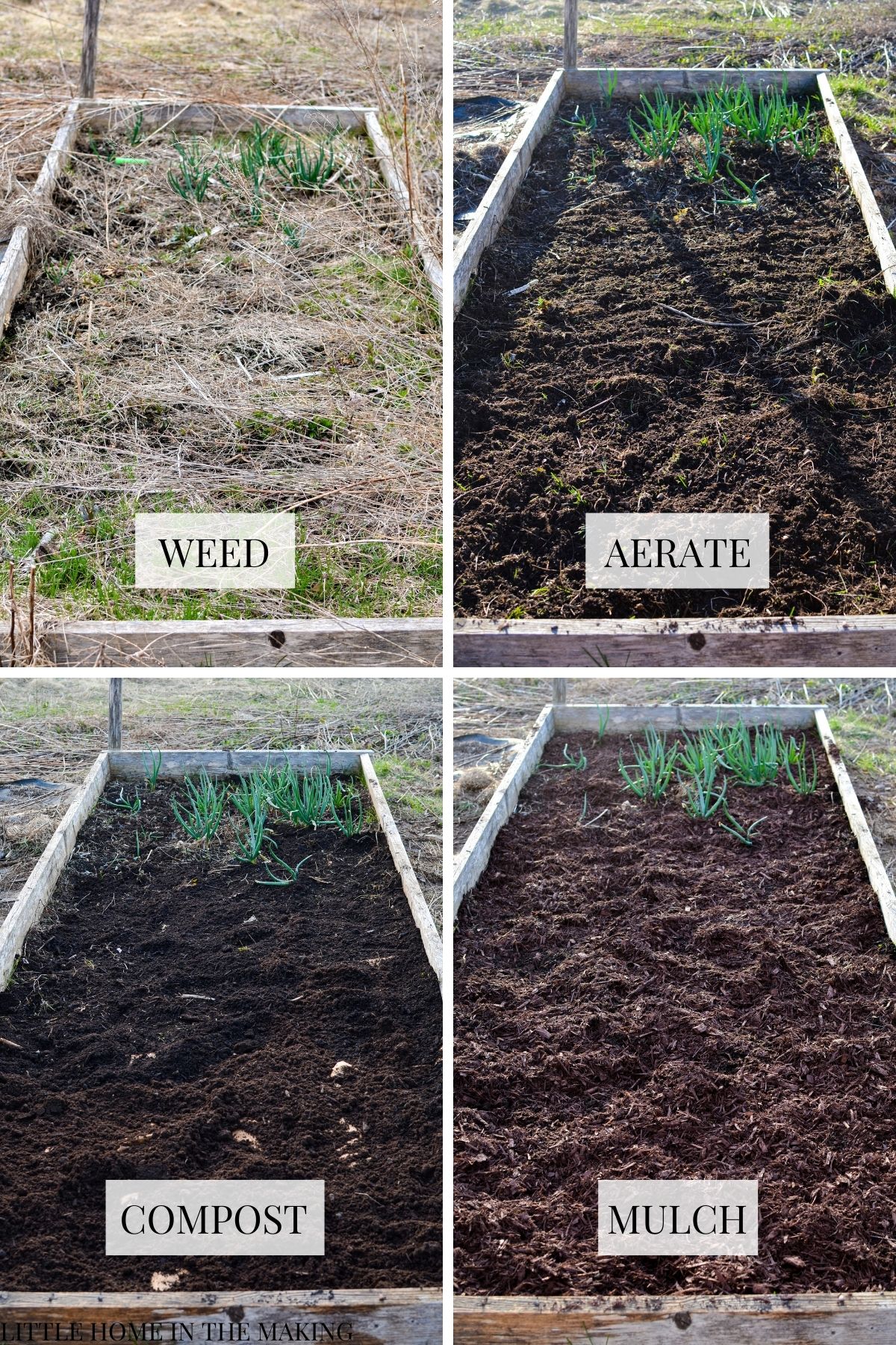 The four stages of replenishing a raised garden bed: weed, aerate, compost, and mulch.