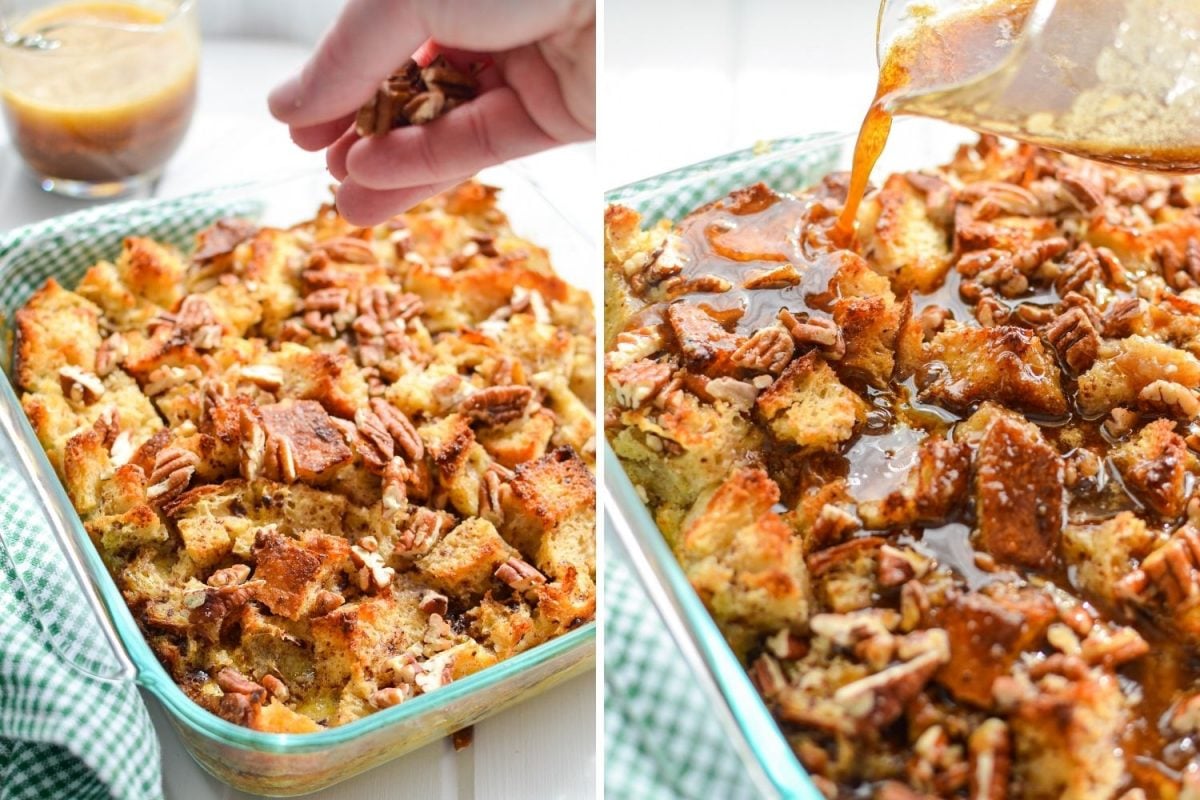 Sprinkling the surface of bread pudding with pecans, and then topping with a brown sugar sauce.
