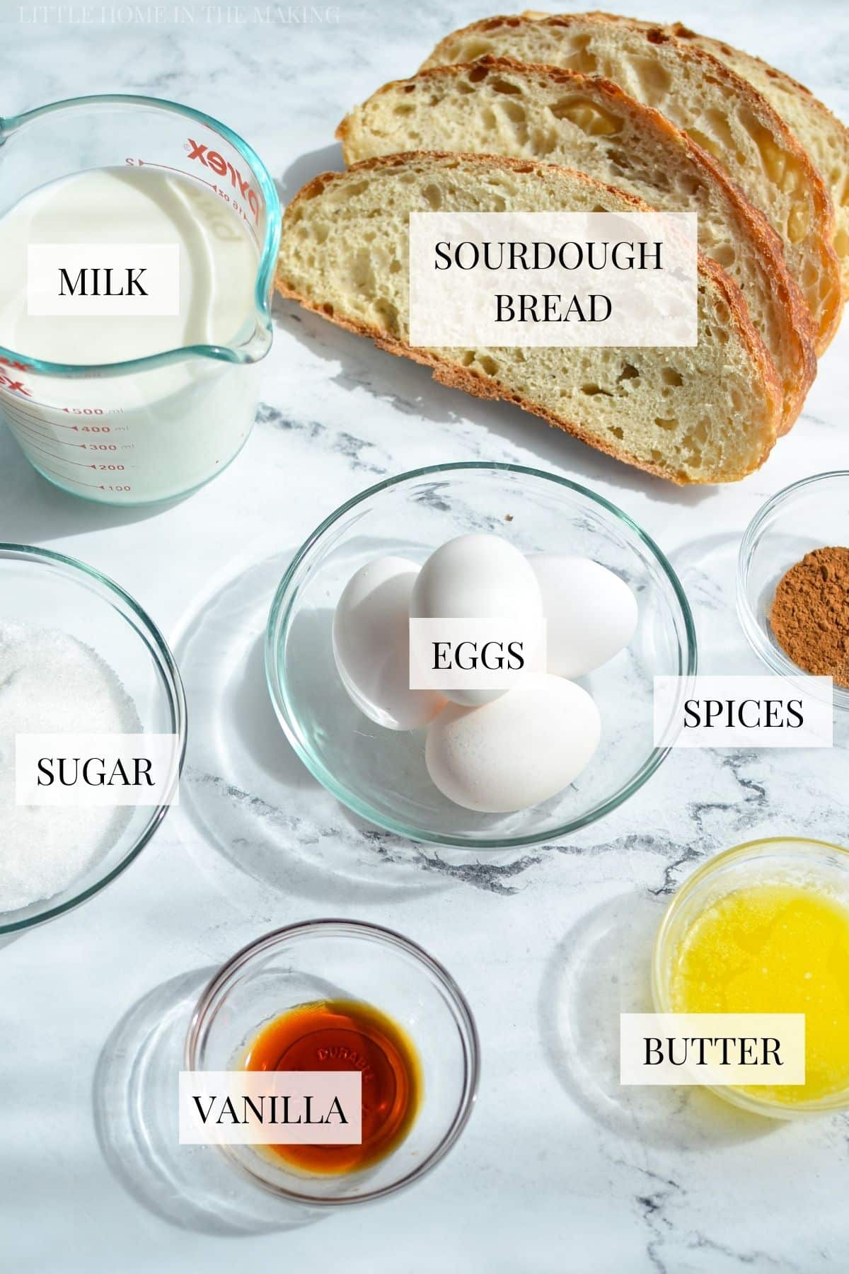 The ingredients needed to make a sourdough bread pudding.