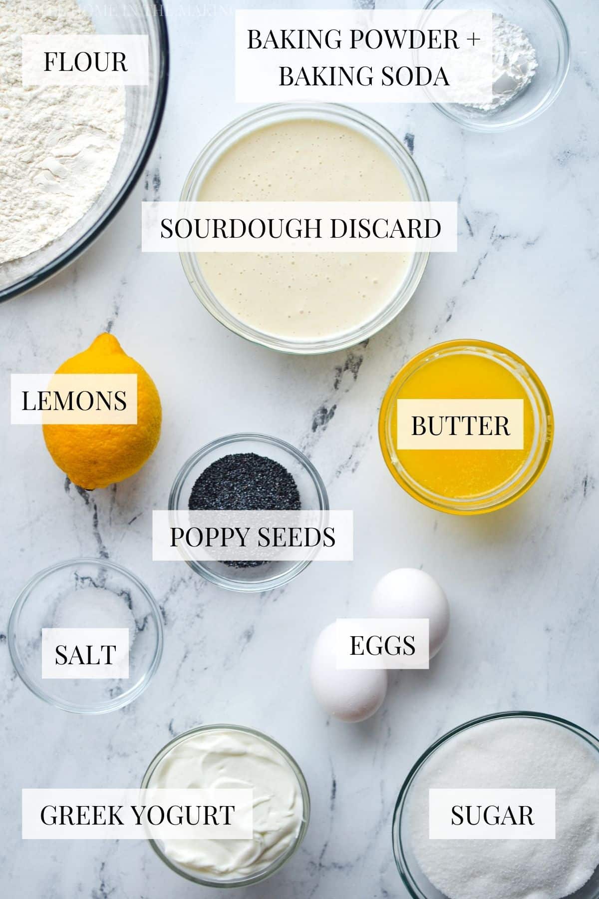 The ingredients needed to make lemon poppy seed muffins with sourdough.