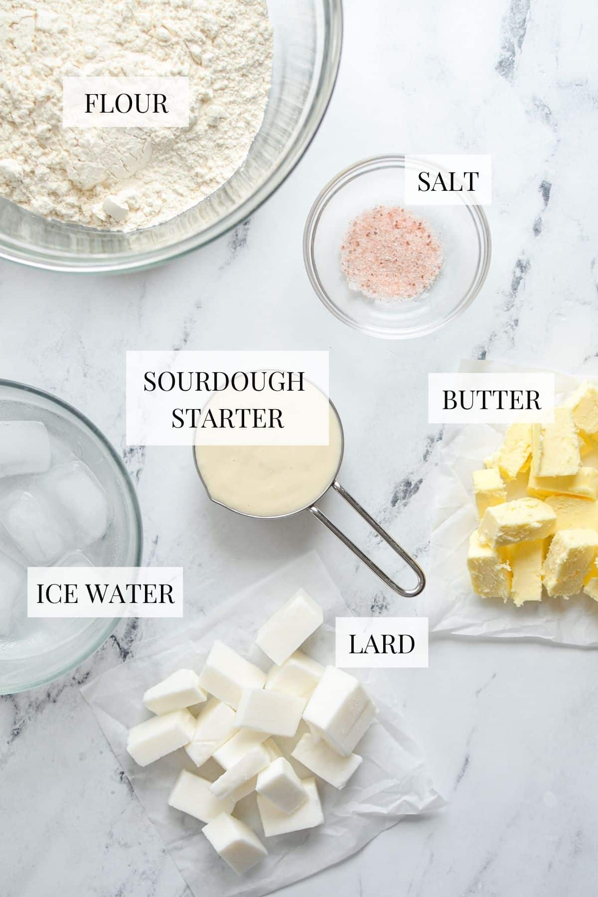 The ingredients needed to make a sourdough pie crust.