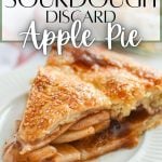 A white plate with a slice of sourdough apple pie on it.