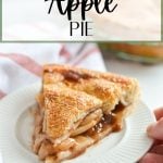 A hand holding a plate with a slice of apple pie.