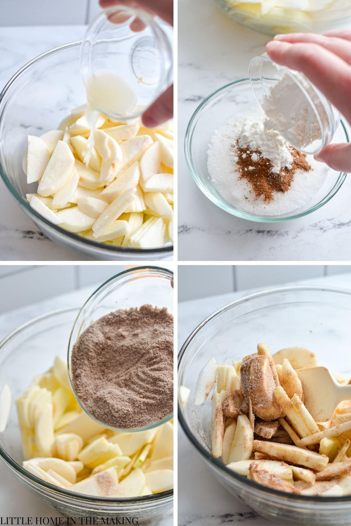 Adding spices and sugar to a bowl of sliced apples.