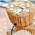 A stack of three muffins with a text overlay that reads: sourdough applesauce muffins made with discard.