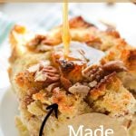 A big scoop of bread pudding, with a text overlay that reads: sourdough bread pudding, made with leftover bread.