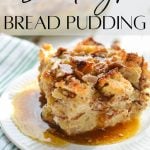A large square of bread pudding, topped with a brown sugar sauce.