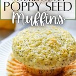 A lemon poppy seed muffin on a plate with a wrapper. The text overlay reads: sourdough poppy seed muffins.