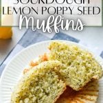 A lemon poppy seed muffin split in half on the plate.