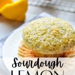 A lemon poppy seed muffin on a plate, with a wire rack of muffins in the background.