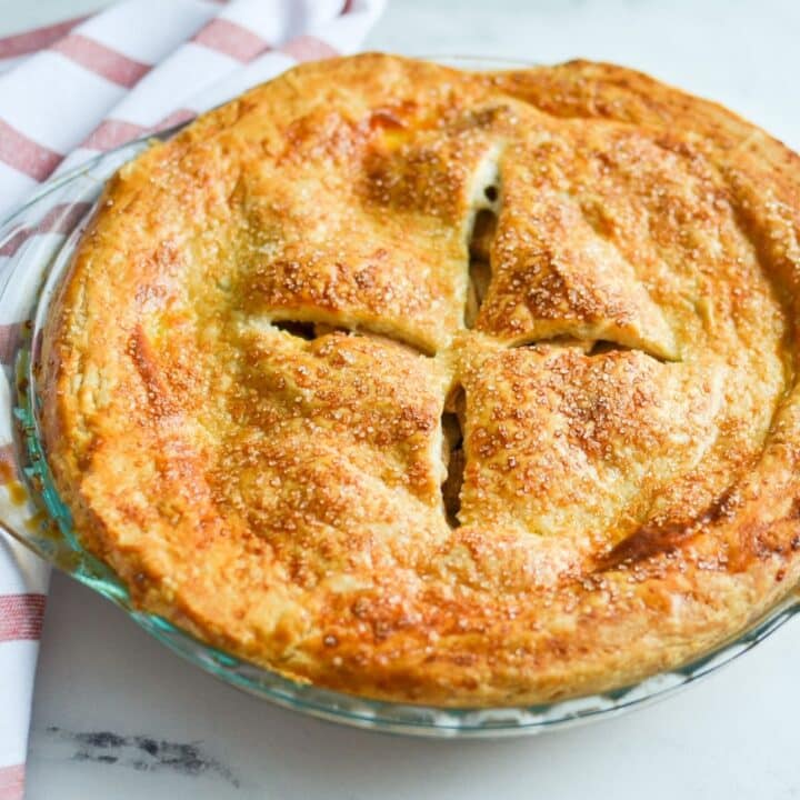 A fully baked double crust pie, with slits in the middle to allow steam to escape.