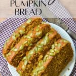 A small white plate with several slices of sourdough pumpkin bread on it.