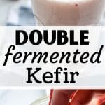 A large glass of strawberry kefir, with the bottom frame being a jar of kefir with strawberries being added.
