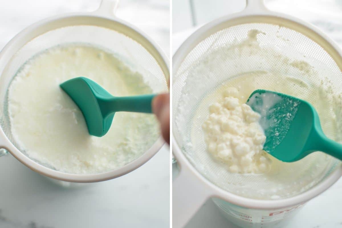 Straining milk kefir in a plastic strainer.