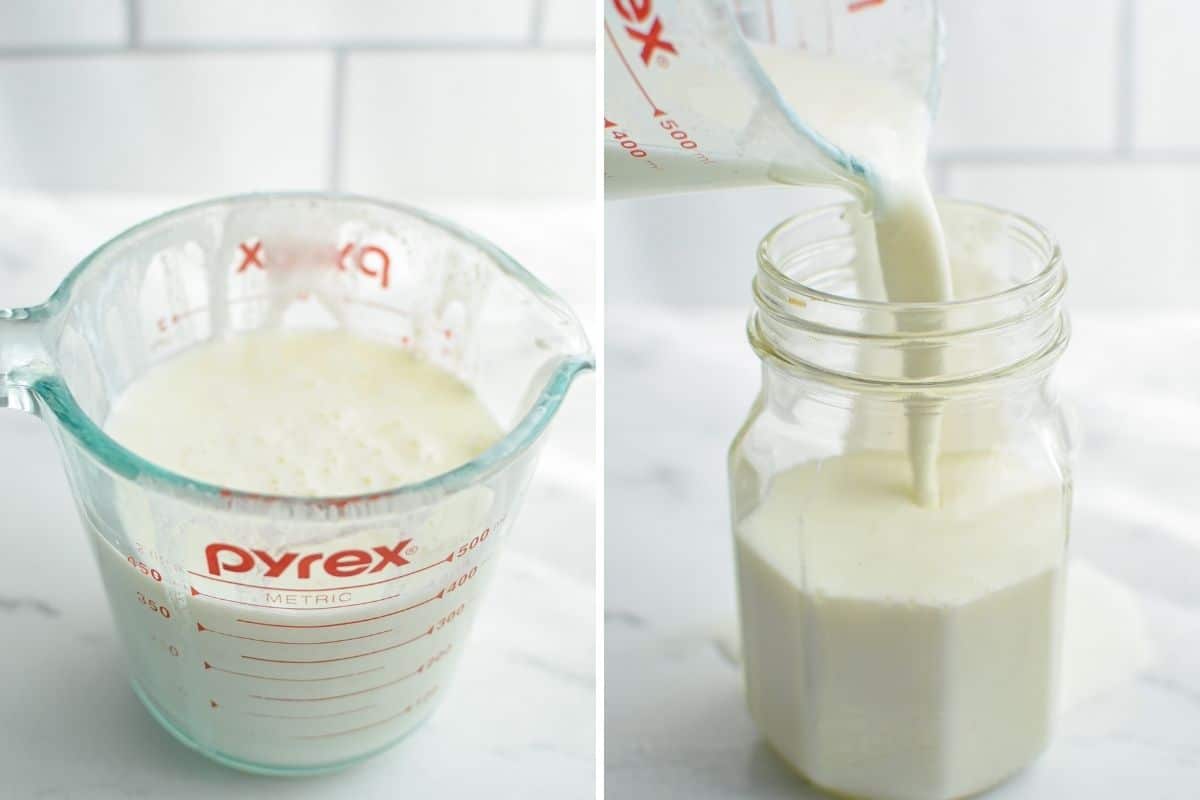 Pouring finished milk kefir into a jar for storage.