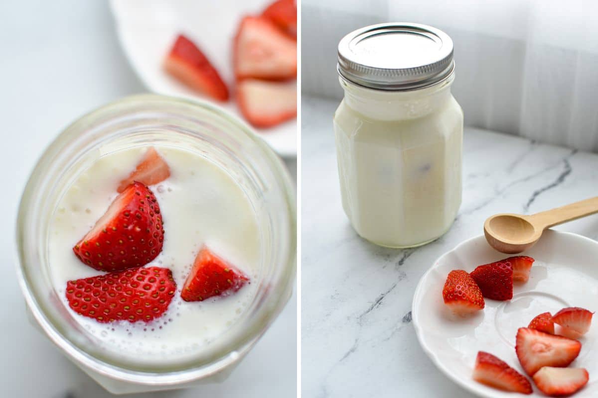 Adding strawberries to a jar of milk kefir, adding a lid, and setting aside.