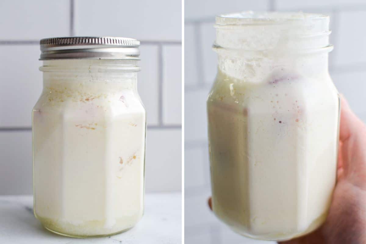 Milk kefir that has second fermented with strawberries, showing bubbles and a thickened texture.