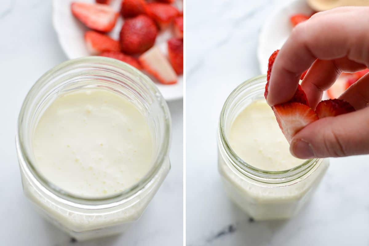 A jar of homemade milk kefir, then adding sliced strawberries to the jar.