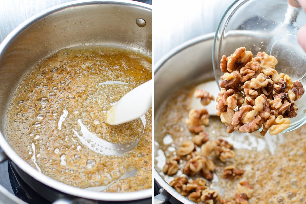Adding maple syrup to melted butter, and then chopped walnuts to the pan.