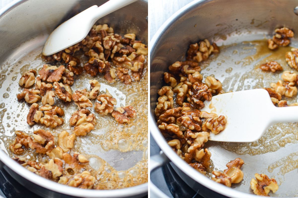 Adding walnuts to a skillet and stirring well.