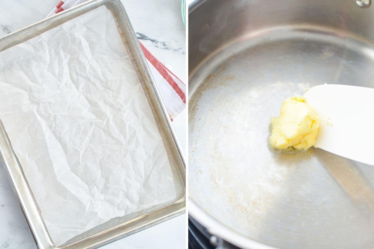 Lining a baking sheet with parchment and melting butter in a skillet.