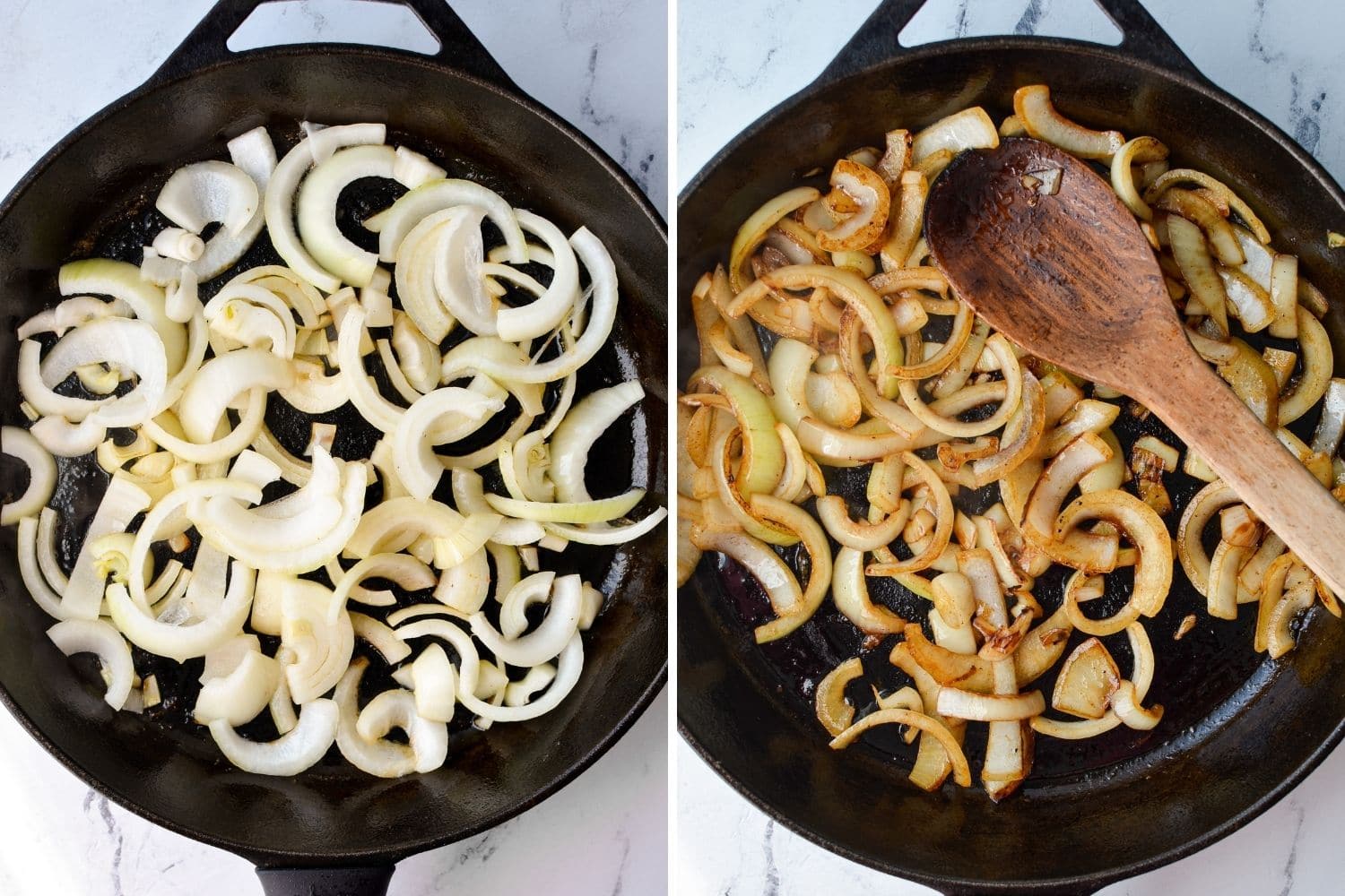 Sauteing onions in a cast iron skillet.