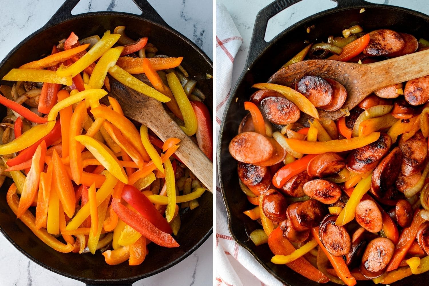 Adding peppers into a cast iron skillet, and then adding in sausage rounds.