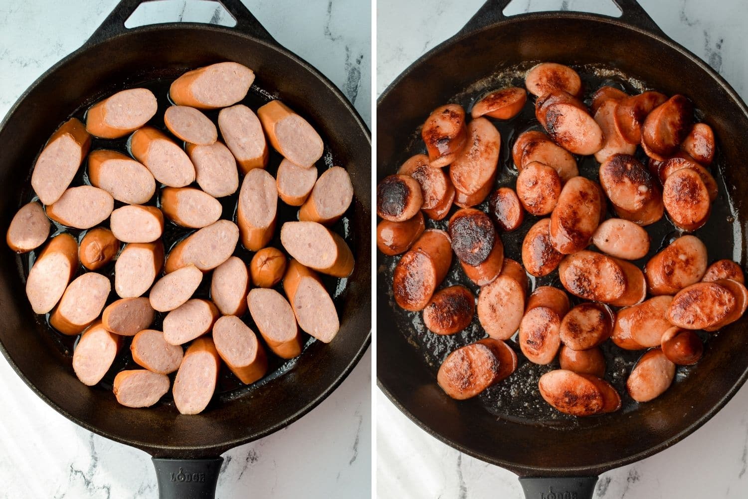 Browning sausage slices in a cast iron skillet.