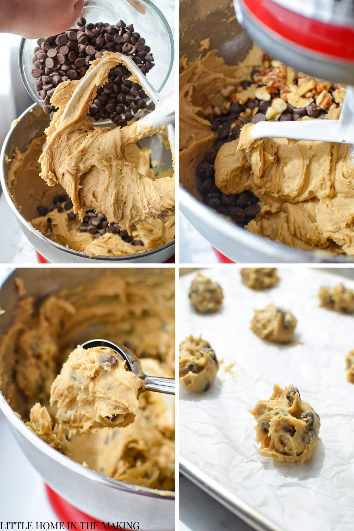 Adding in chocolate chips and walnut to a cookie batter.