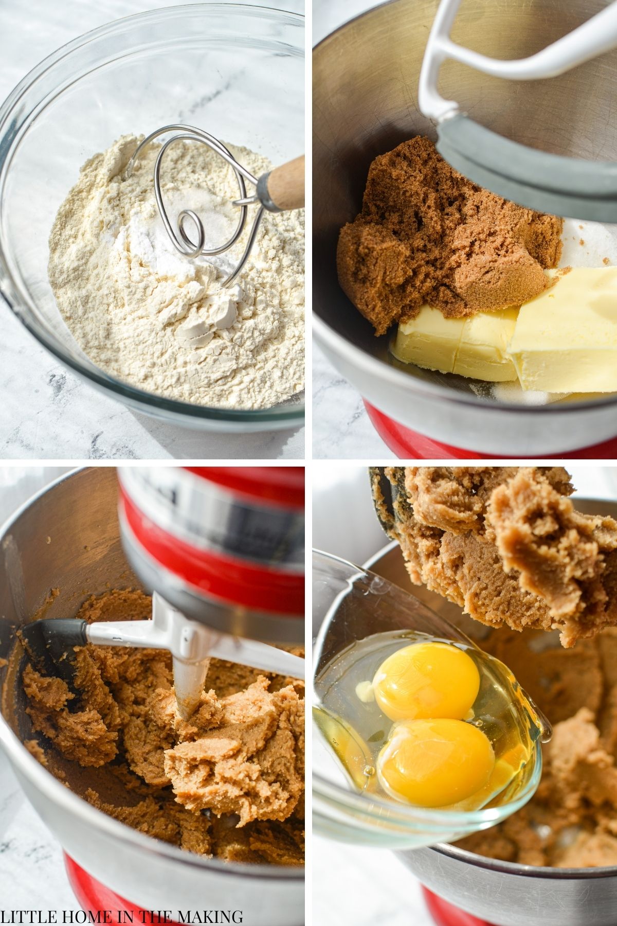 Whisking together the dry ingredients, and then adding the wet ingredients to a stand mixer.