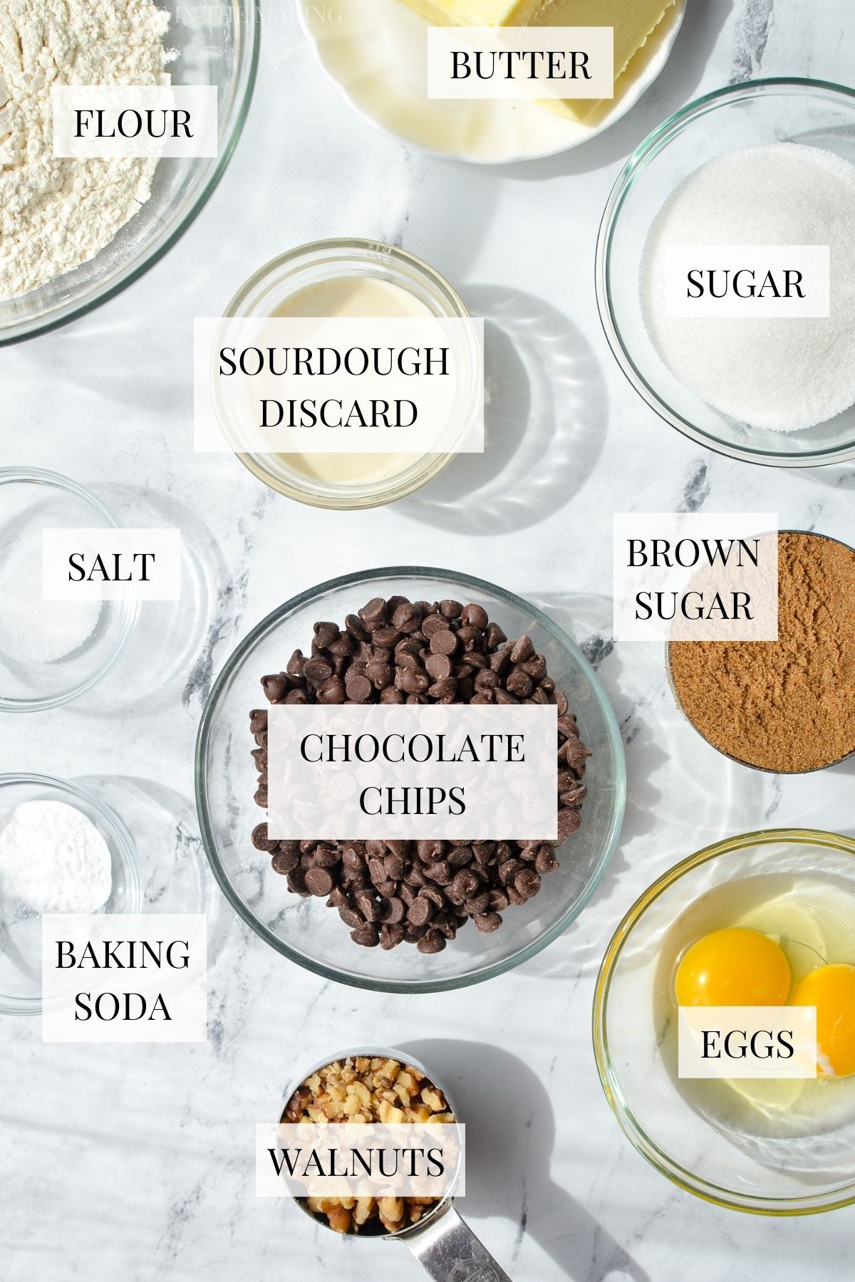 The ingredients needed to make chocolate chip cookies.