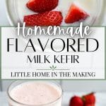 Adding strawberries to a jar of milk kefir.