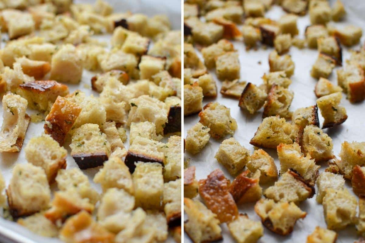 Before and after baking sourdough croutons.