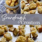 A sheet pan of sourdough croutons.