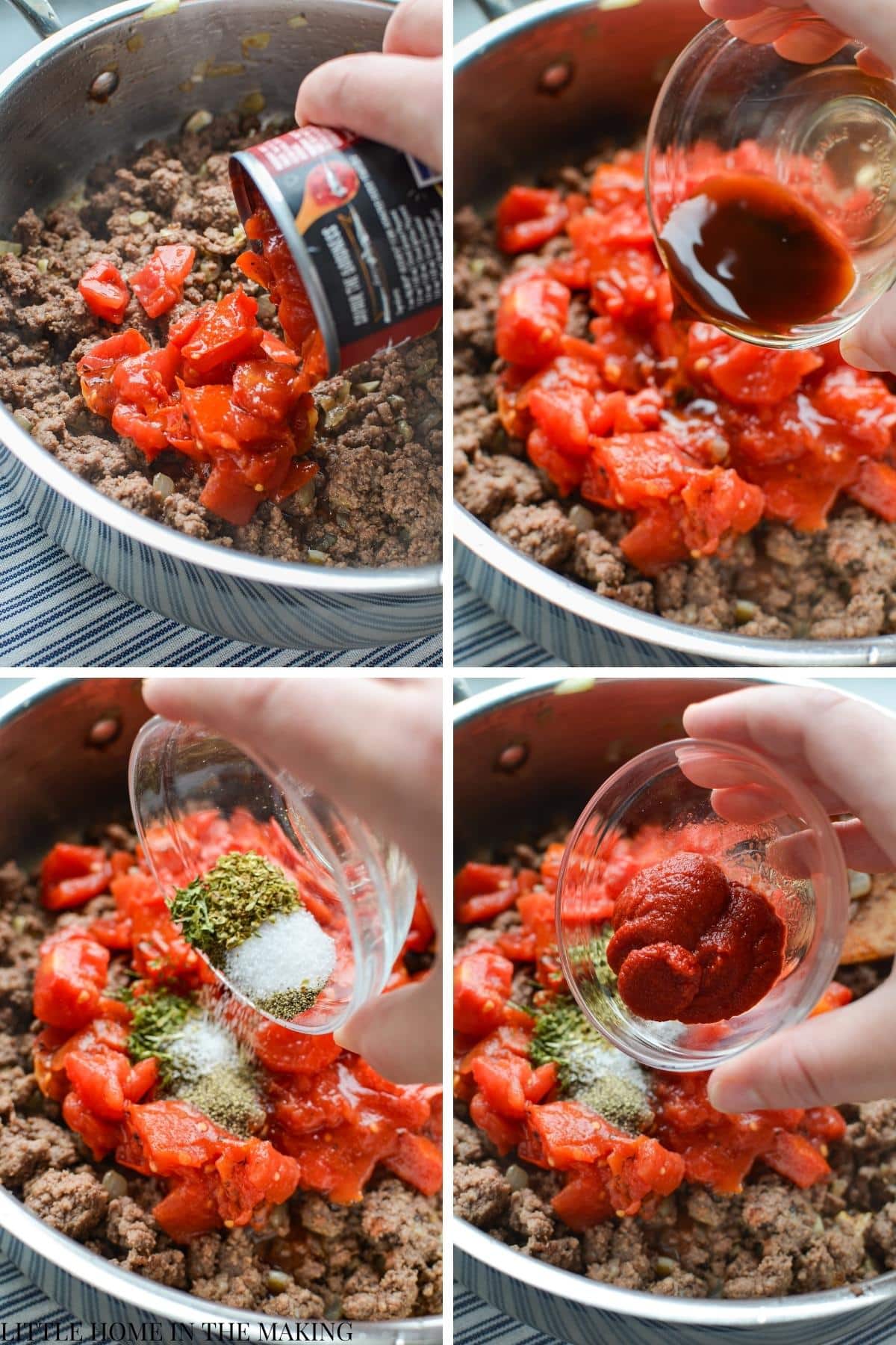 Adding diced tomatoes, Worcestershire sauce, seasoning, and tomato paste to a skillet with browned ground beef.