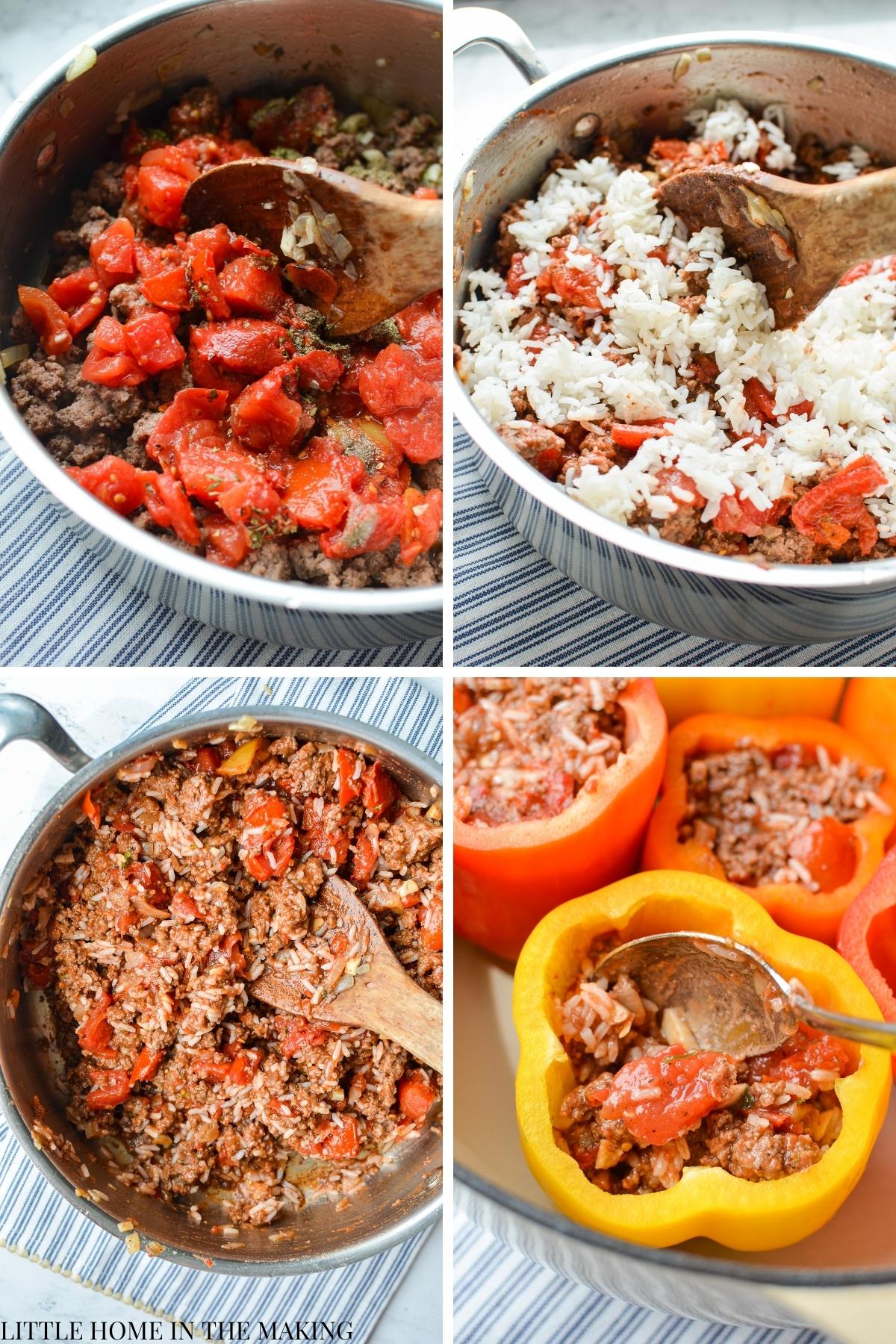 Stirring rice and tomatoes into ground beef, and then adding them to hollowed out bell peppers.