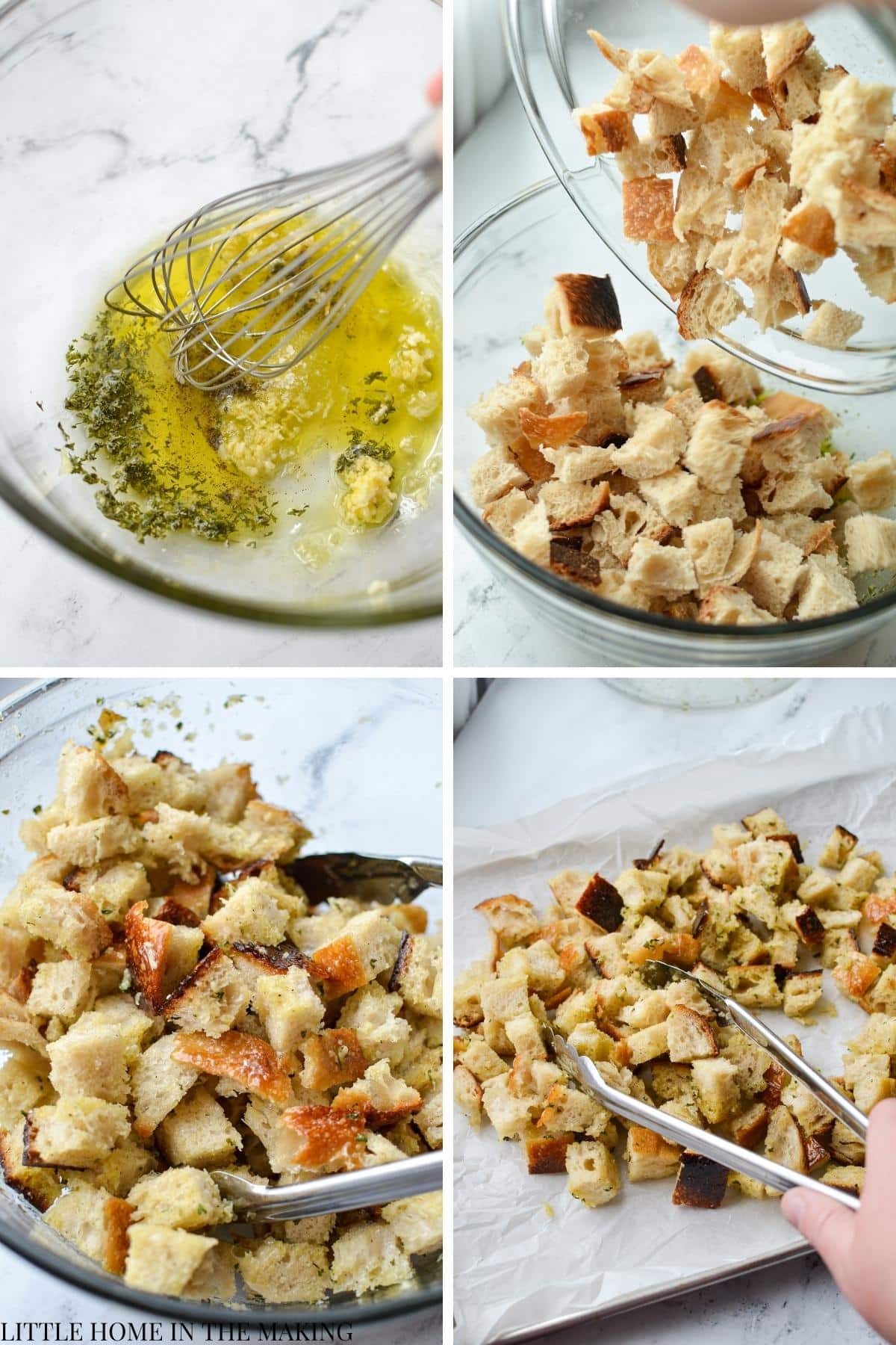 Whisking olive oil with seasonings, and then adding sourdough bread cubes into the bowl.