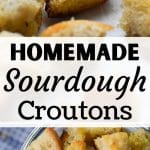 A close up of sourdough croutons.