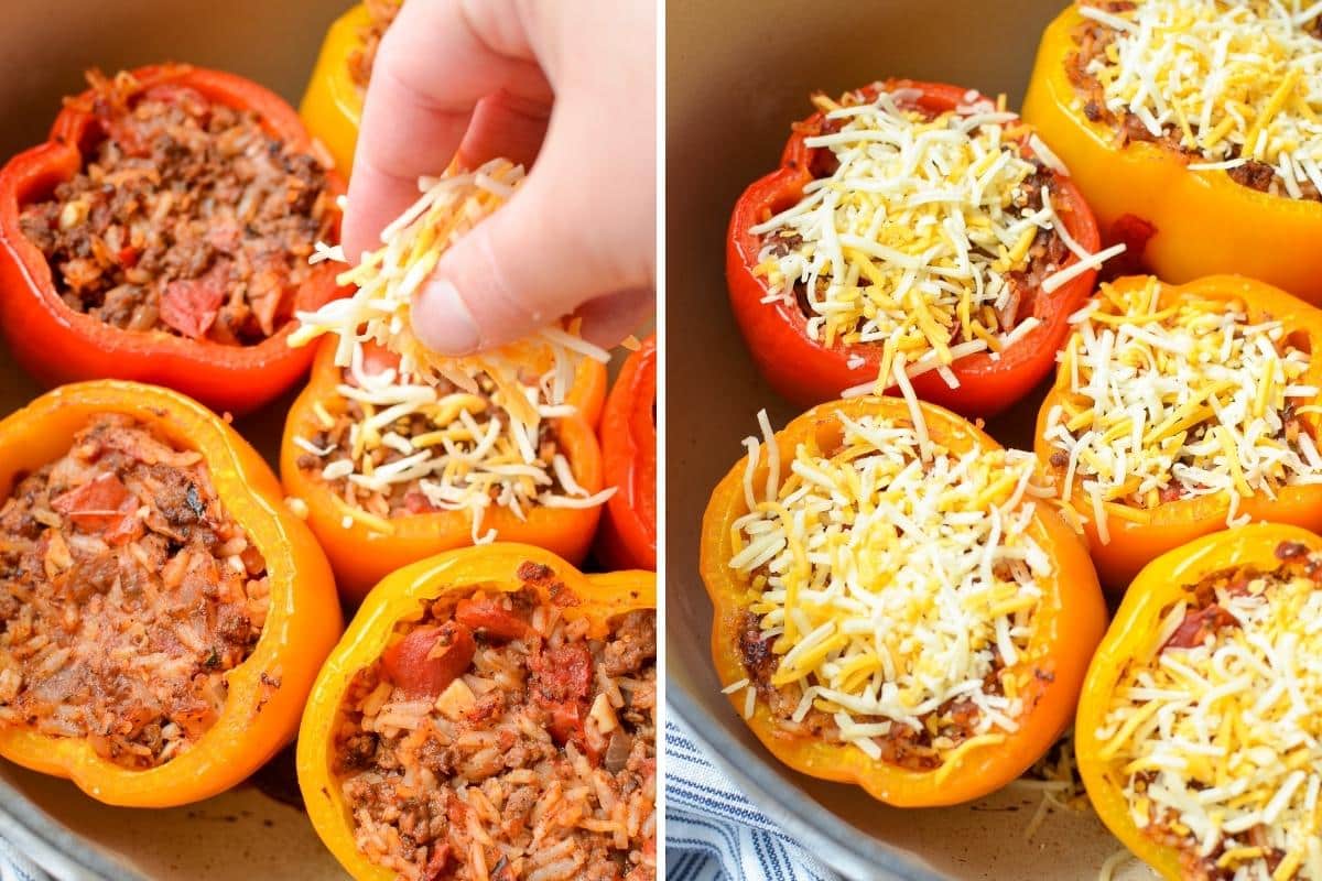 Sprinkling stuffed peppers with shredded cheese.