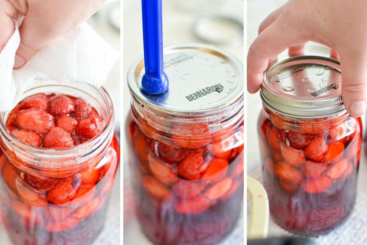 Wiping canning jar lid rims, adding a lid, and securing a canning ring.