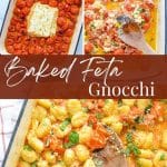 A baking dish with cherry tomatoes and feta cheese, and then tossed with gnocchi.