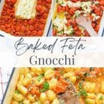 A baking dish with cherry tomatoes and feta, and then added gnocchi pasta.